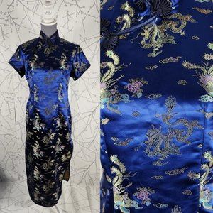 Yu Shan Blue Satin Dragon Brocade Side Slit Maxi Dress